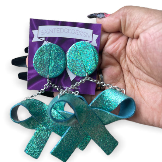 Teal glitter bow earrings