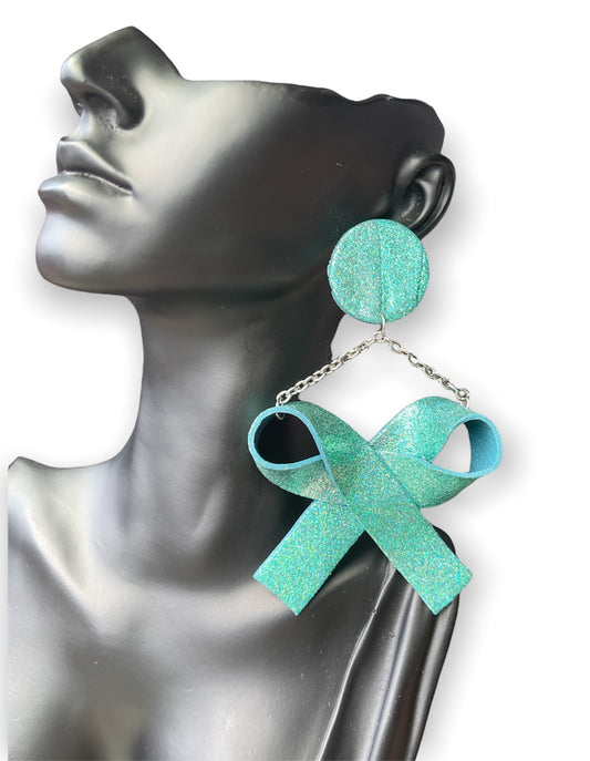 Teal glitter bow earrings